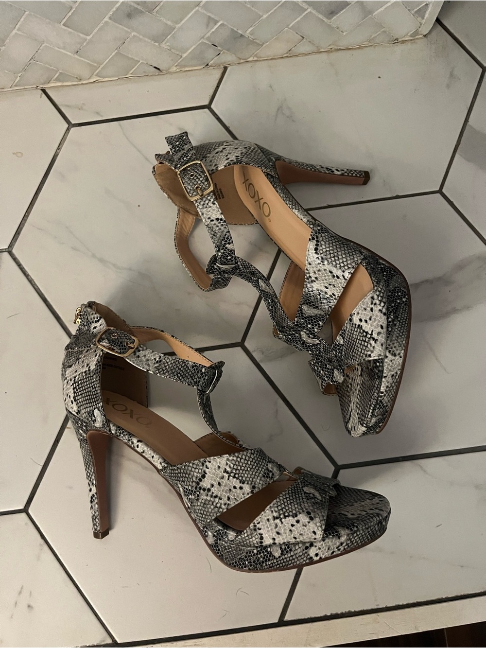 XOXO Black & White Snake-Print Strappy High Heel Sandals